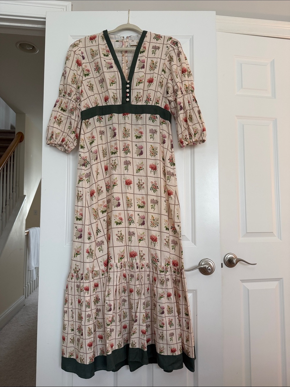 Anna Cate Cream Floral Maxi Dress with Green Trim